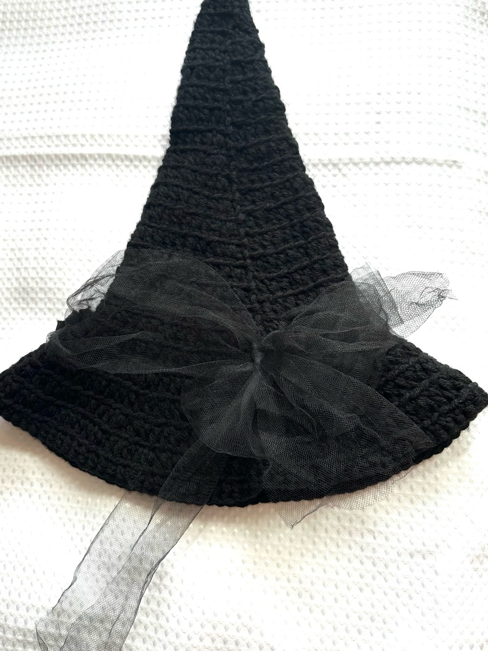 Artisan Made Crochet Black Pointed Witch Hat with Tulle/ Floral Accent - Picture 6 of 7